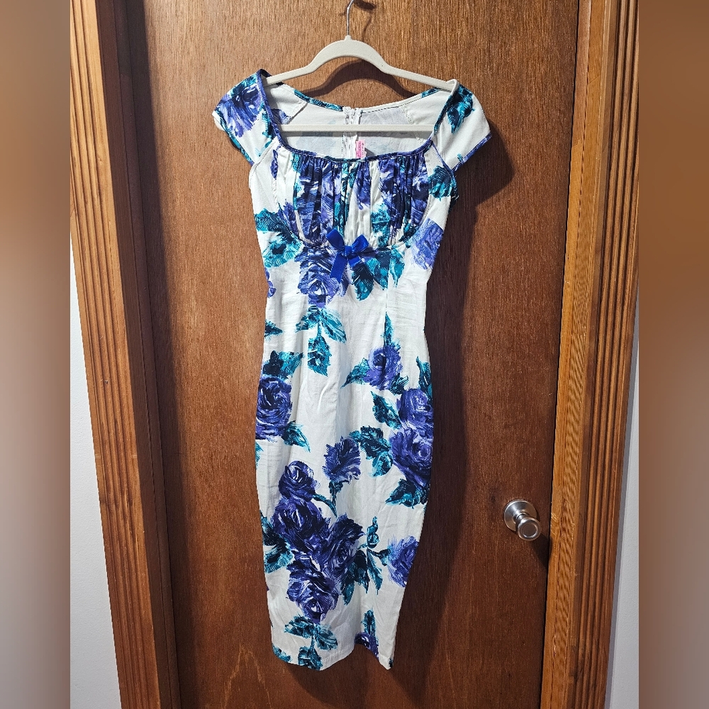 Pinup Couture Blue and White Floral Pencil Dress